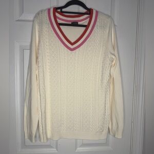 TALBOTS Cable Knit Cream Varsity Sweater Red Pink Stripes‎ Academia Size M